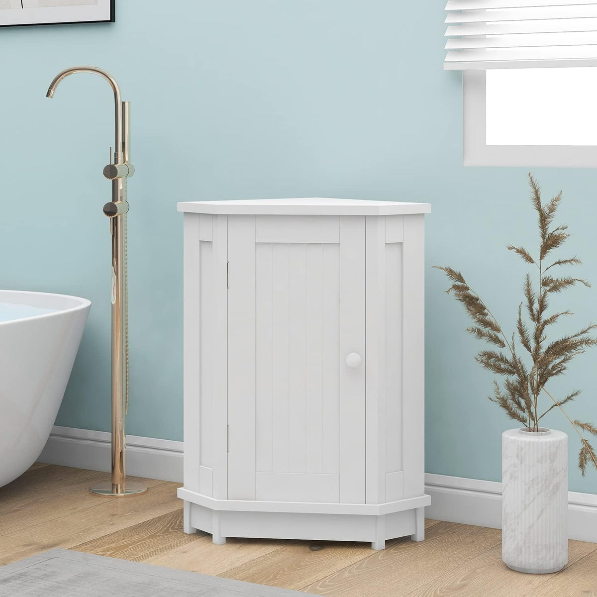 Corner Storage Cabinet with Door and Adjustable Shelf, Freestanding Floor Cupboard for Bathroom, Kitchen or Living Room, Wooden, White