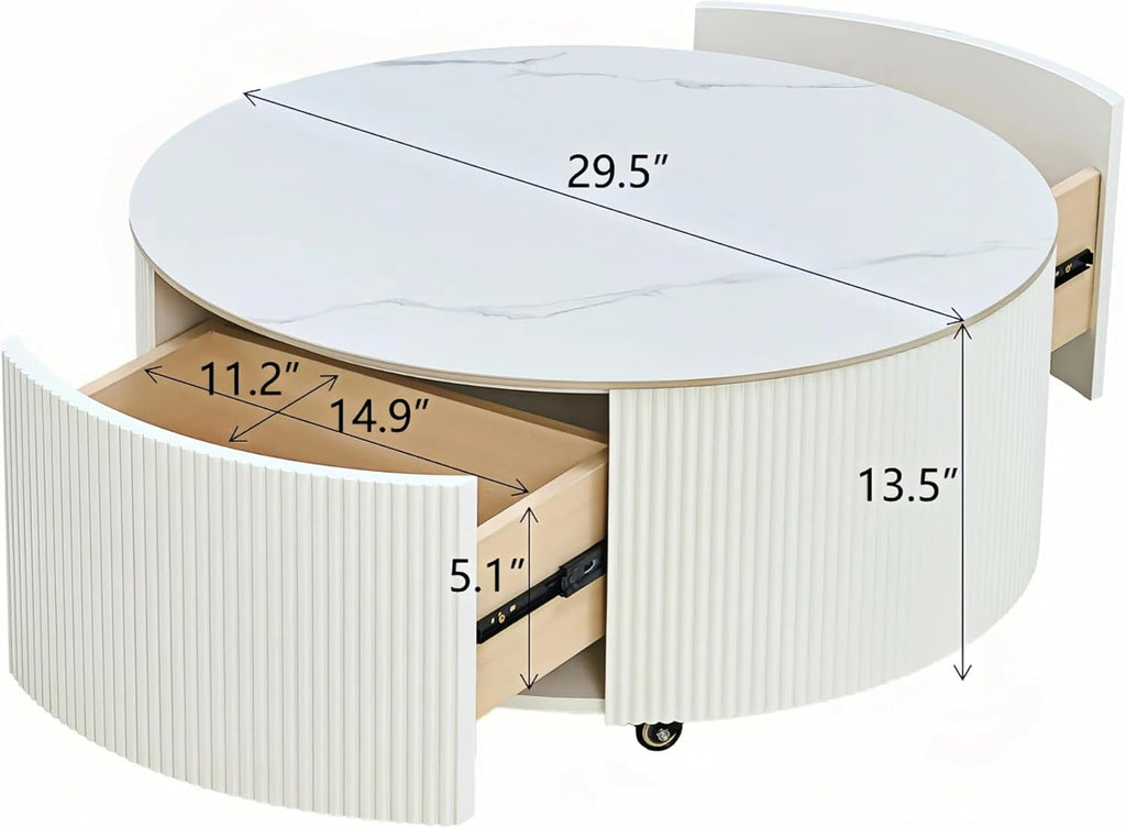 29.5'' Round Marble Coffee Table for Living Room Storage Coffee Table with 2 Drawers Modern Circle Center Tables Sintered Stone Accent Tea Tables for Apartment White