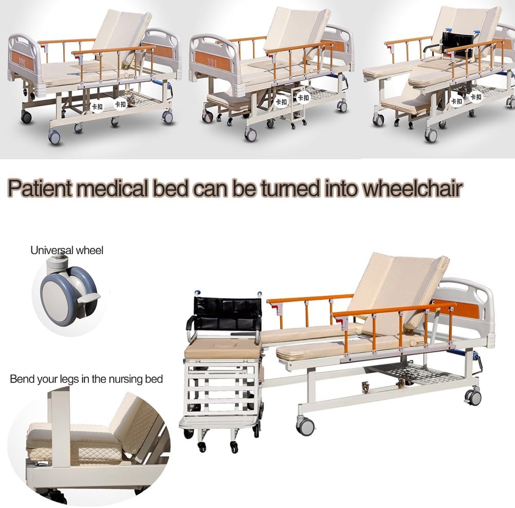 Manual Hospital Beds Adjustable with Wheelchairs Function, 10 in1 Function Hospital Beds for Home, Patient Nursing Aids with Quiet Wheels,(213 * 106 * 53 cm)