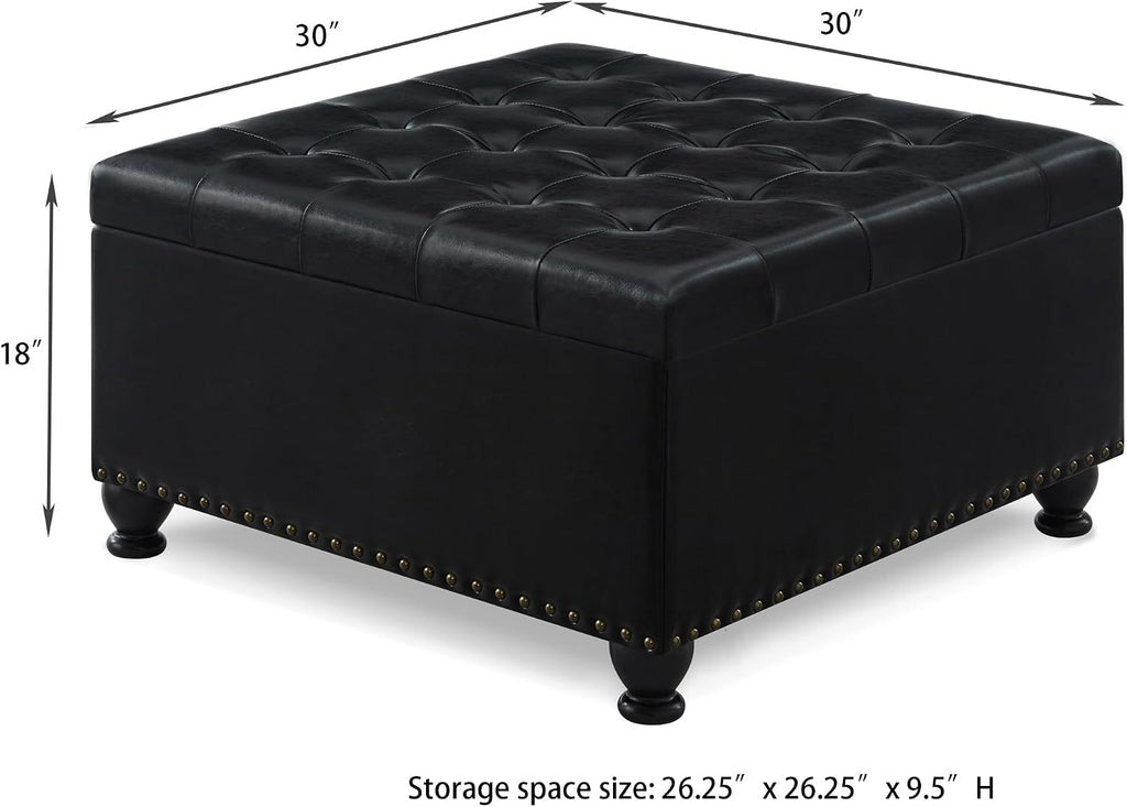 Storage Ottoman Coffee Table, 30 Inch Black Leather Square Ottoman Bench with Storage, Upholstered Tufted Footstool with Nail Trims, Oversized Coffee Table for Living Room, Bedroom