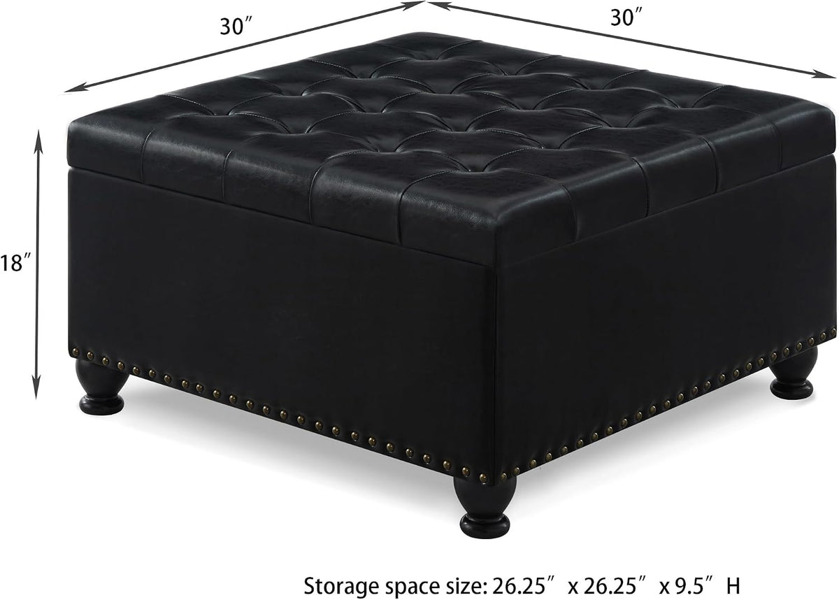 Storage Ottoman Coffee Table, 30 Inch Black Leather Square Ottoman Bench with Storage, Upholstered Tufted Footstool with Nail Trims, Oversized Coffee Table for Living Room, Bedroom