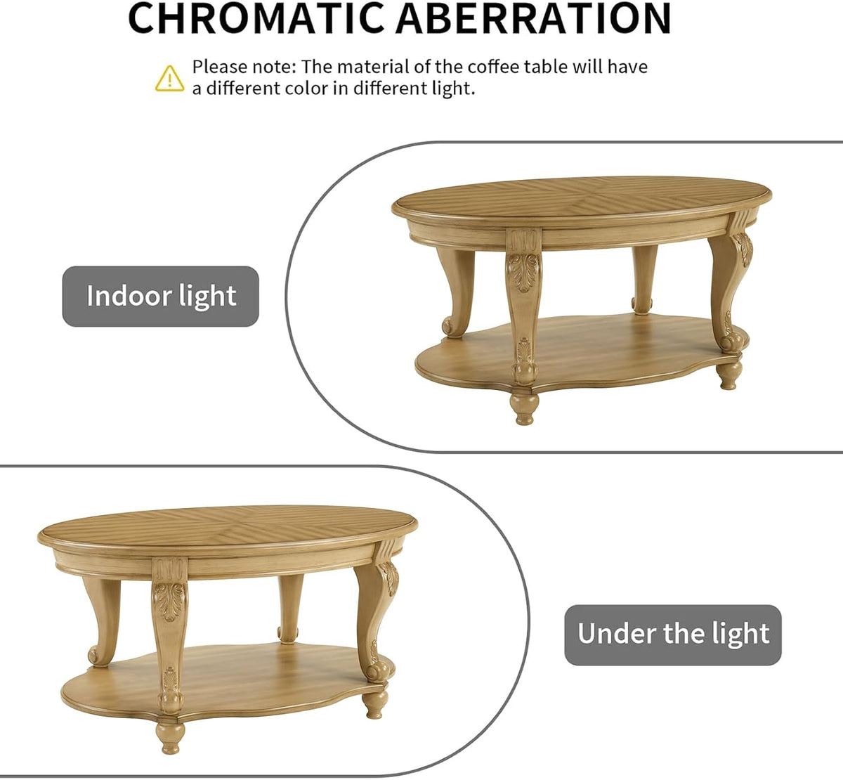 Oval Coffee Table, 42 Inch Wood Center Table with Carved Legs 2-Tier Natural Wood Cocktail Table, Vintage Victorian Coffee Table for Living Room,Antique Natural
