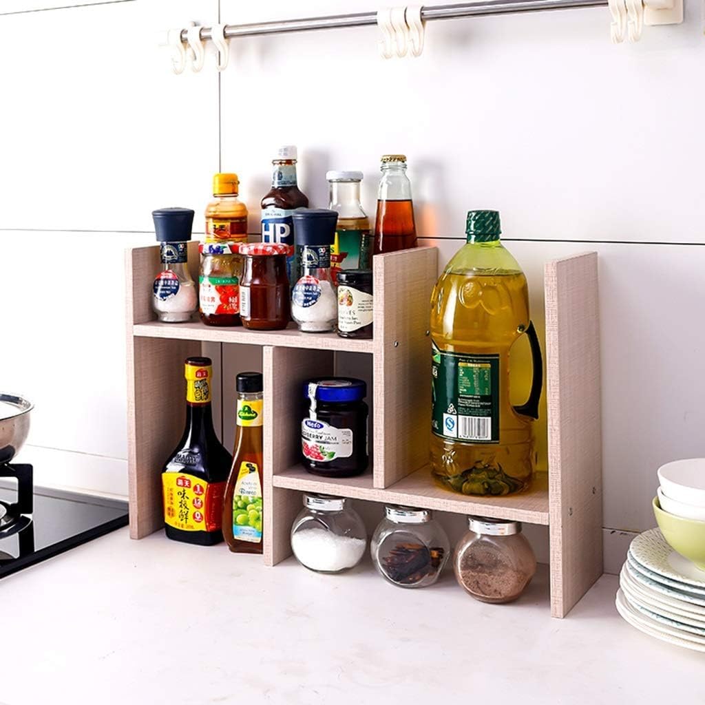 Generic Shelf Shelving Kitchen Racks Kitchen Condiment Shelf Corner Seasoning Bottle Holder Wooden Layered Shelf Storage Rack Free Split Width Adjustable