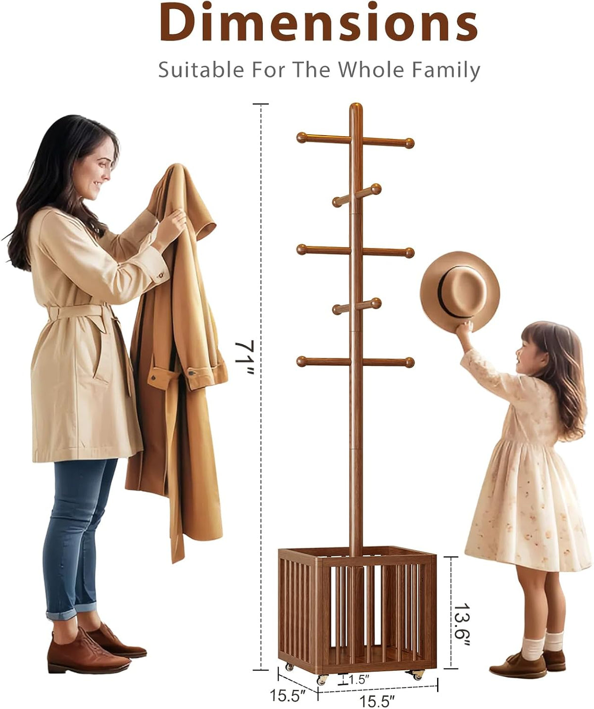Solid Wood Freestanding Coat Rack with 10 Adjustable Hooks, Storage Basket and Lockable Casters, Organizes Hats, Clothes and Bags for Entryway, Bedroom, Living Room