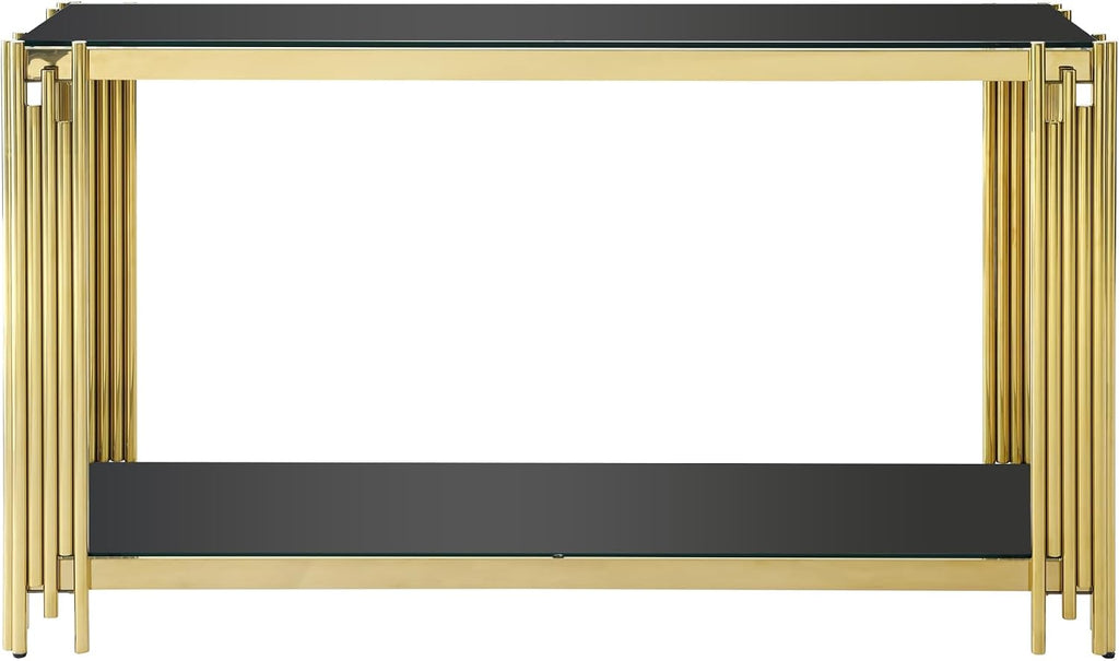 Modern Glass Console Table, 55' Entryway Sofa Table with Gold Stainless Steel Frame and Black Glass Top, Luxury Rectangular 2-Tier Console Table with Storage Shelves for Living Room