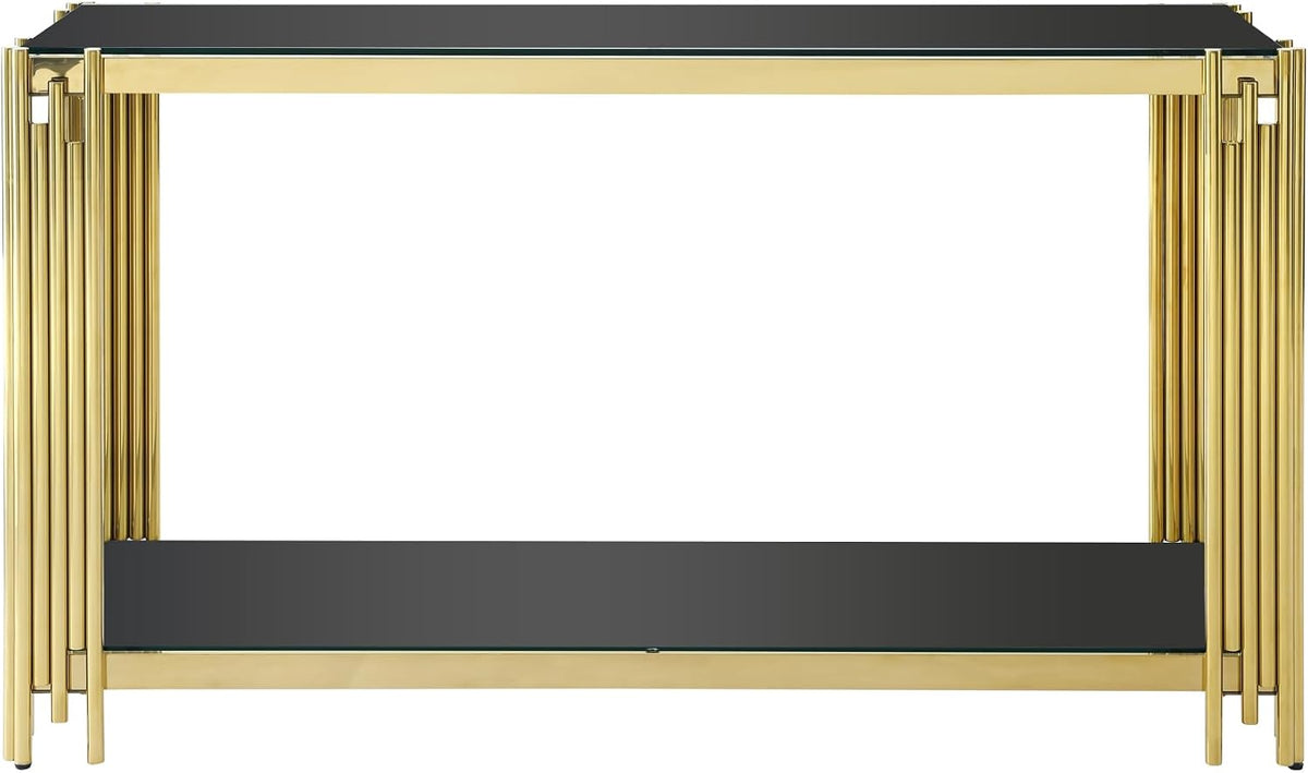 Modern Glass Console Table, 55' Entryway Sofa Table with Gold Stainless Steel Frame and Black Glass Top, Luxury Rectangular 2-Tier Console Table with Storage Shelves for Living Room