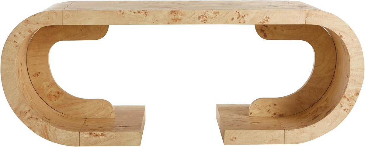 SSLine Mid-Century 47.24' Curved Coffee Table with Pedestal Base Burl Wood Veneer Natural Grain Top Center Table C-Shaped Center Tables for Living Room Bedroom