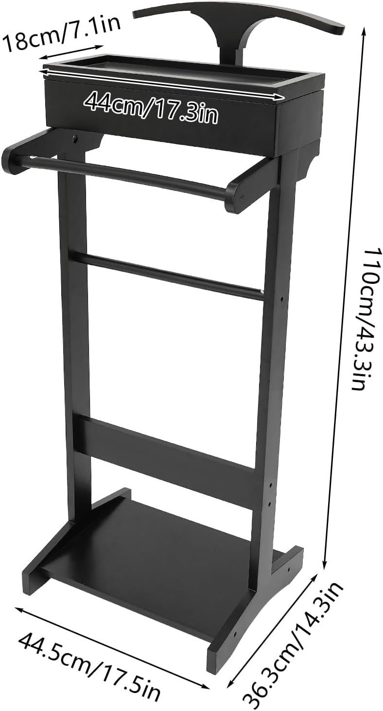 TFCFL Suit Valet Stand, Wooden Suit Rack for Men and Women, Clothes Valet Stand with Drawer & Trouser Holder, Mens Valet Stand, Valet Stand for Bedrooms, Living Rooms, Hallways, Foyers(Black)