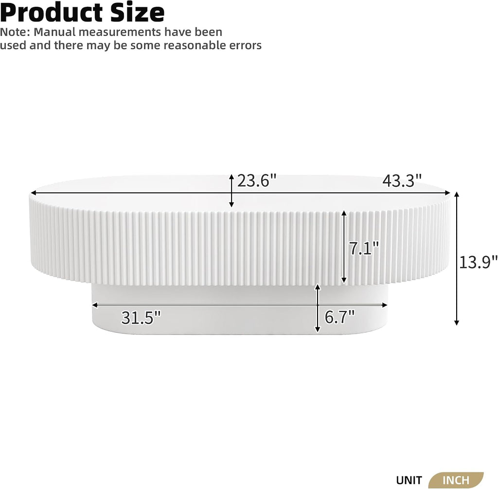 43.3' Oval Fluted Coffee Table with Thick Tabletop, Modern Wood Center Table with Sturdy Base for Living Room, Easy Assembly (White)