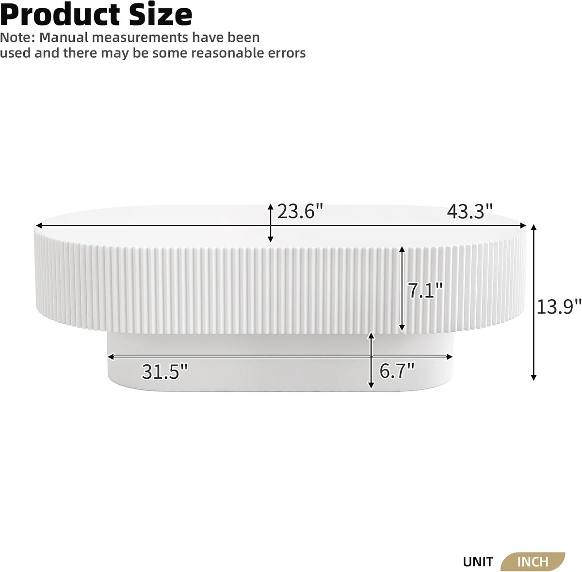 43.3' Oval Fluted Coffee Table with Thick Tabletop, Modern Wood Center Table with Sturdy Base for Living Room, Easy Assembly (White)