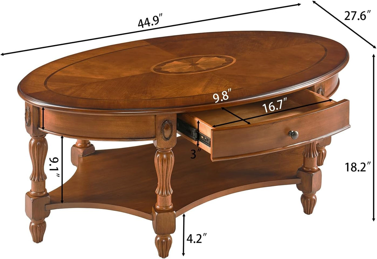 Solid Wood Oval Coffee Table with Drawer, Patterned Top and Vintage Carved Edge, 45' x 18' Center Table in Caramel Brown for Living Room