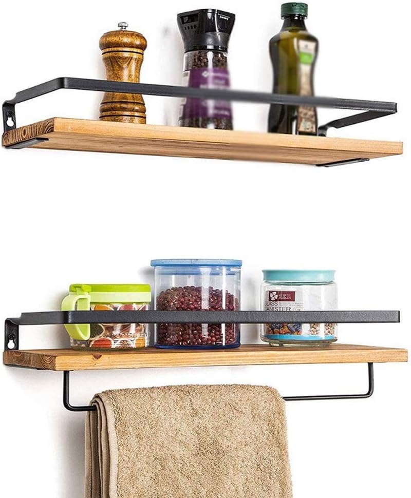 2 Pcs/Set Wall Mount Rack Wooden Kitchen Bathroom Storage Rack Holder Home Organizer Antique Wall Shelf Tray with Towel Bar (Color : B) (A)