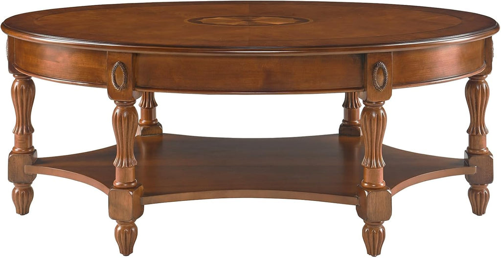 Solid Wood Oval Coffee Table with Drawer, Patterned Top and Vintage Carved Edge, 45' x 18' Center Table in Caramel Brown for Living Room