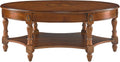 Solid Wood Oval Coffee Table with Drawer, Patterned Top and Vintage Carved Edge, 45' x 18' Center Table in Caramel Brown for Living Room