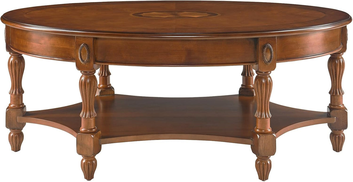 Solid Wood Oval Coffee Table with Drawer, Patterned Top and Vintage Carved Edge, 45' x 18' Center Table in Caramel Brown for Living Room