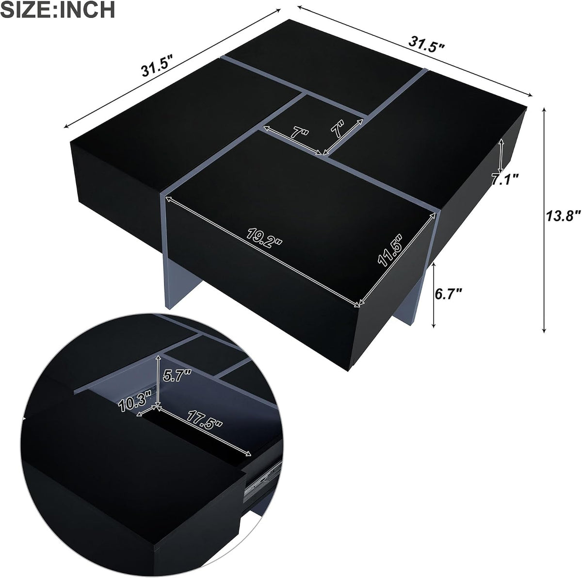 31.5' Black Square Coffee Table with 4 Hidden Storage Compartments, UV High-Gloss Design Wooden Center Table Cocktail Table for Living Room