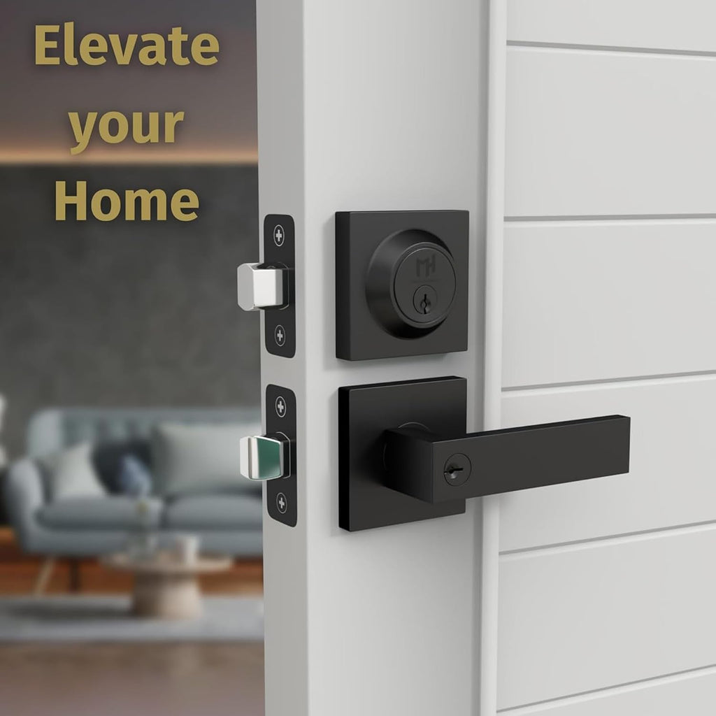 Mega Handles ROBELL Entrance Combo, Entry Lever Door Handle & Single Cylinder Deadbolt Lock & Key Pack, Heavy Duty Door Levers Set for Left or Right-Handed Doors - Matte Black (2 Pack) Keyed Alike