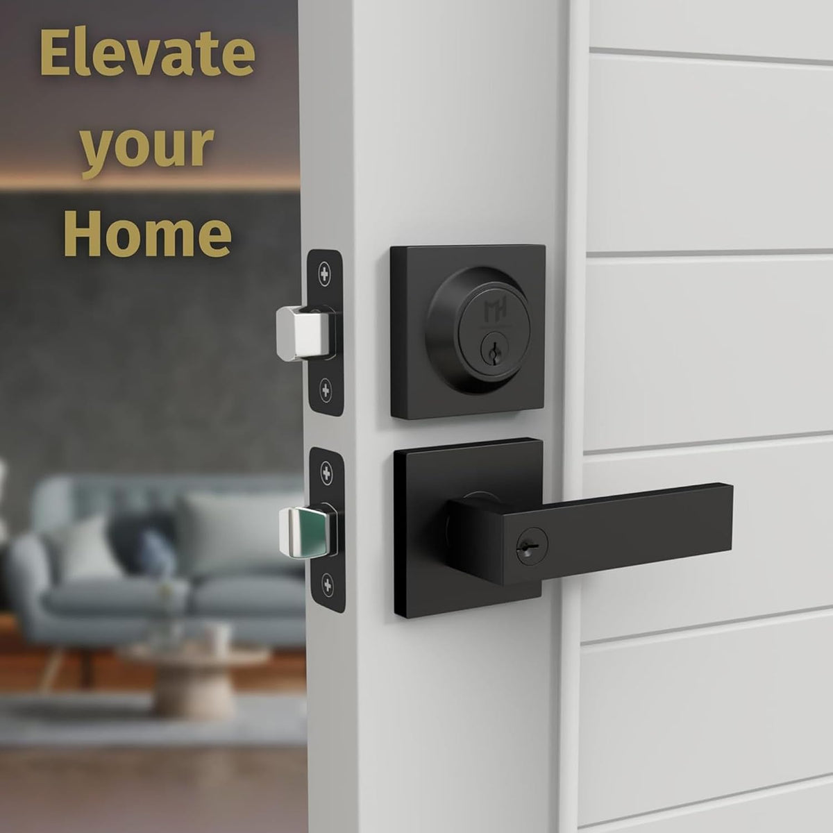 Mega Handles ROBELL Entrance Combo, Entry Lever Door Handle & Single Cylinder Deadbolt Lock & Key Pack, Heavy Duty Door Levers Set for Left or Right-Handed Doors - Matte Black (2 Pack) Keyed Alike