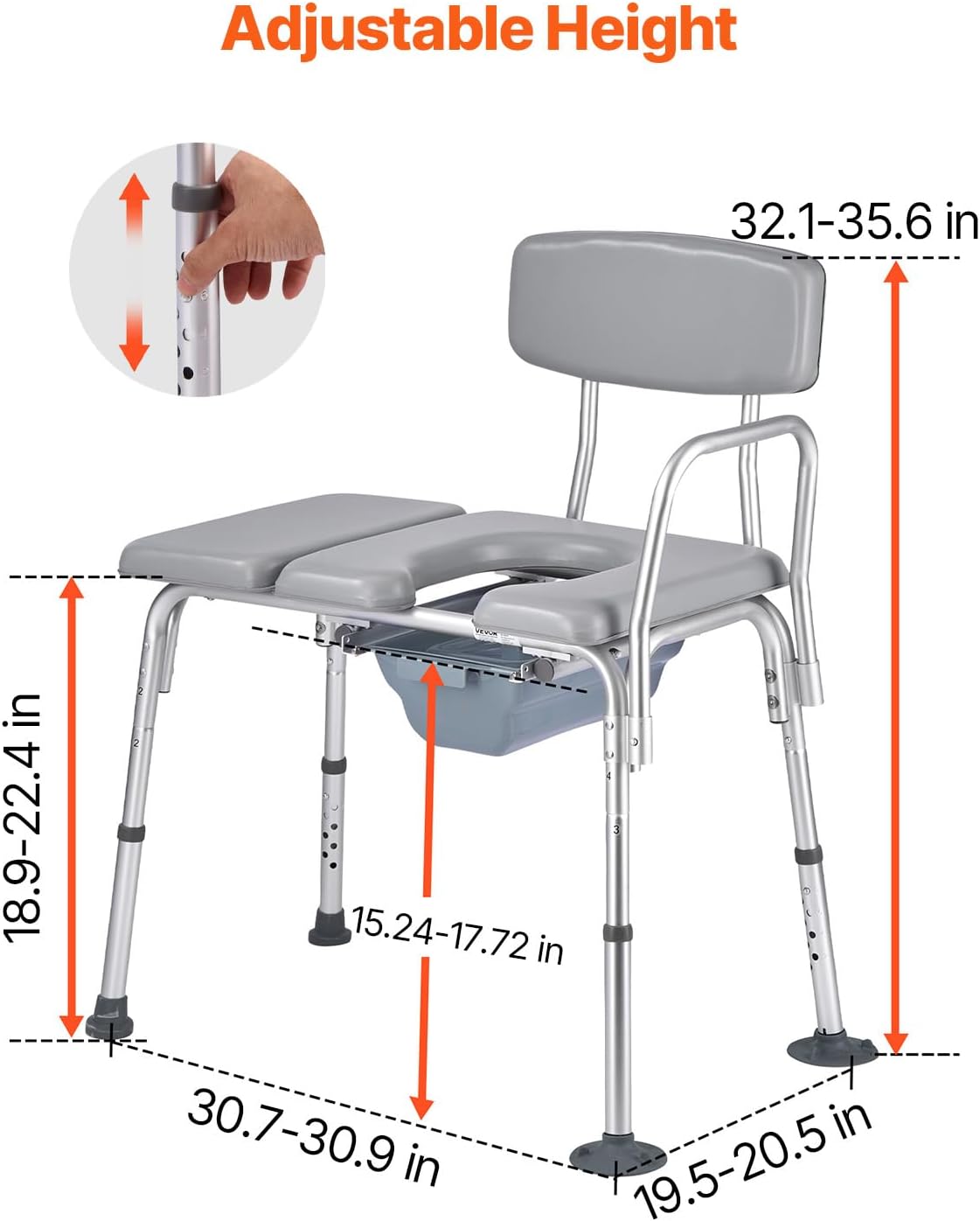 VEVOR Bedside Commode Chair, 500 lbs Load Capacity, 4-in-1 Portable Toilet and Raised Toilet Seat with Detachable 5L Bucket, Padded Seat and Backrest, Adjustable Height Adult Potty Chair for Seniors