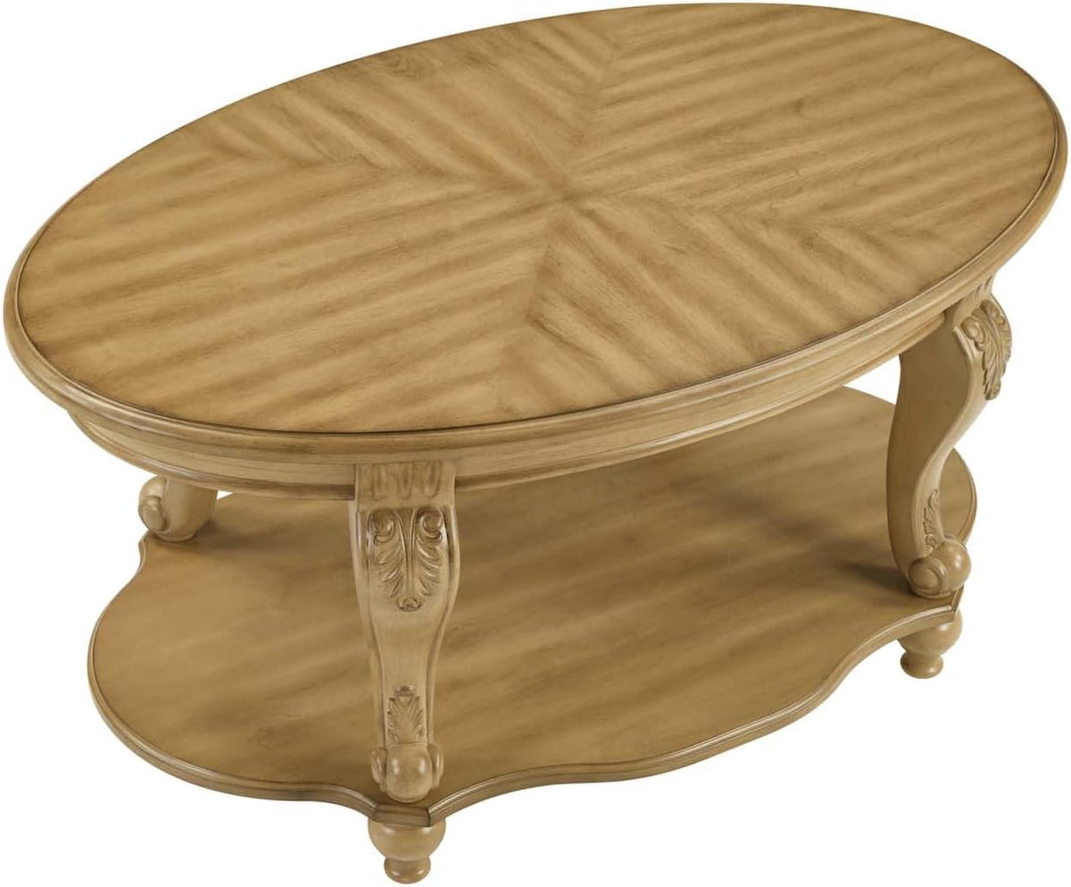 Oval Wood Coffee Table for Living Room, 2-Tier Solid Wood Coffee Table with Open Storage Shelf, Traditional Retro Center Table for Office (42' W x 26' D x 20.5' H, Natural)