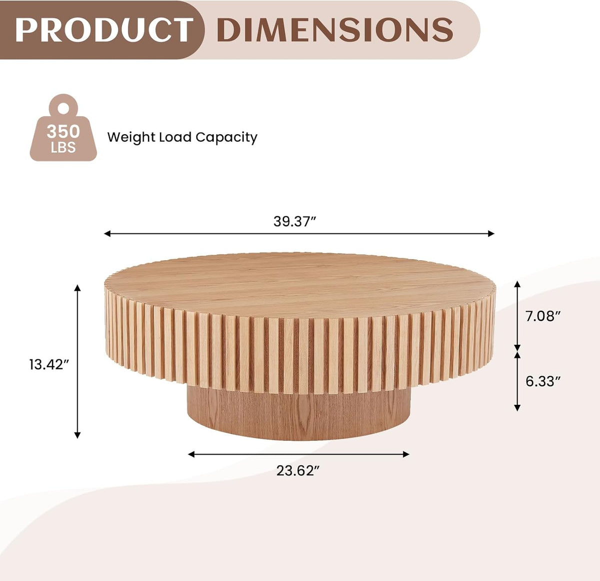 39.37' Round Coffee Table Wood, Modern Unique Oak Circle Coffee Table, Contemporary Drum Wooden Fluted Coffee Table Side Center Table for Living Room,Apartment,Office, Natural Ash