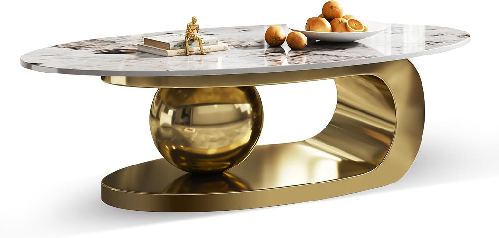 Henf Faux Marble Coffee Table for Living Room, 51 Inches Oval Imitation Marble Coffee Center Table with Gold Stainless Steel Base & Sintered Stone Tabletop