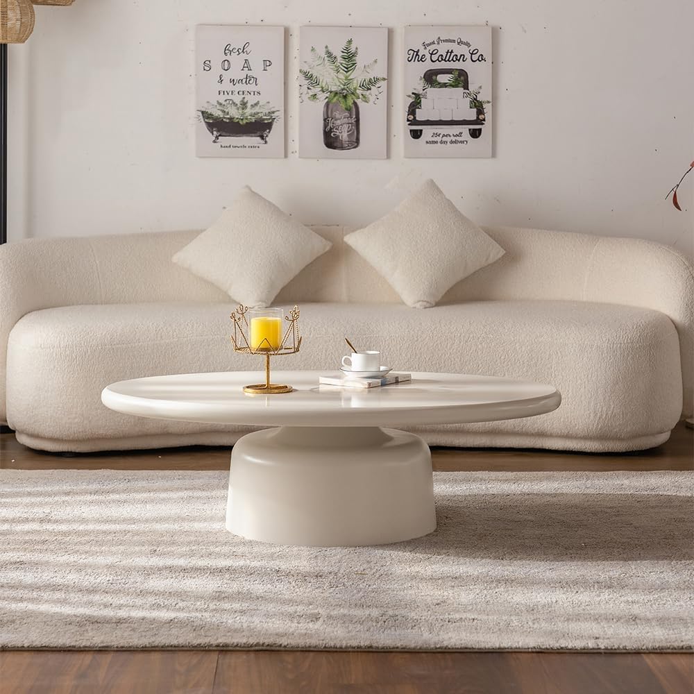 White Oval Coffee Table Modern Unique Coffee Table for Living Room Irregular Asymmetrical Center Table for Farmhouse (H White 45.7in)