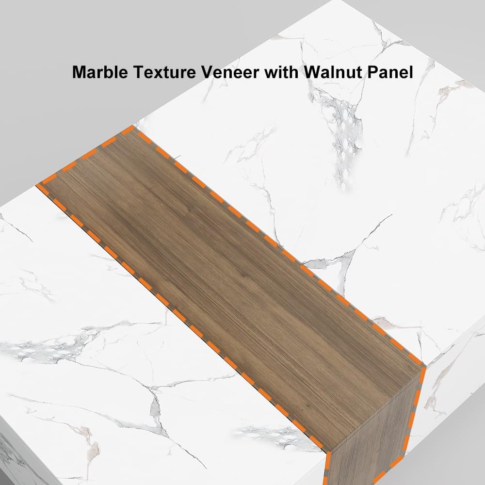homary Marble & Walnut Coffee Table – Modern Block Design Living Room Center Table with 2 Storage Drawers, White Marble Veneer & Walnut Wood Veneer, Sturdy Base & Smooth Quiet Rails (White)