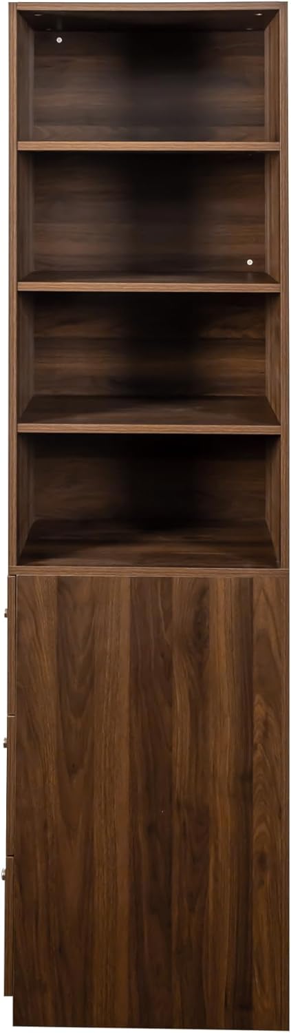 70.87' H Display Storage Cabinet, Narrow Wooden Corner Cabinet with 4-Tier Shelves and 3 Side Drawers, Tall Bookshelf and Bookcase for Living Room Home Office, Walnut