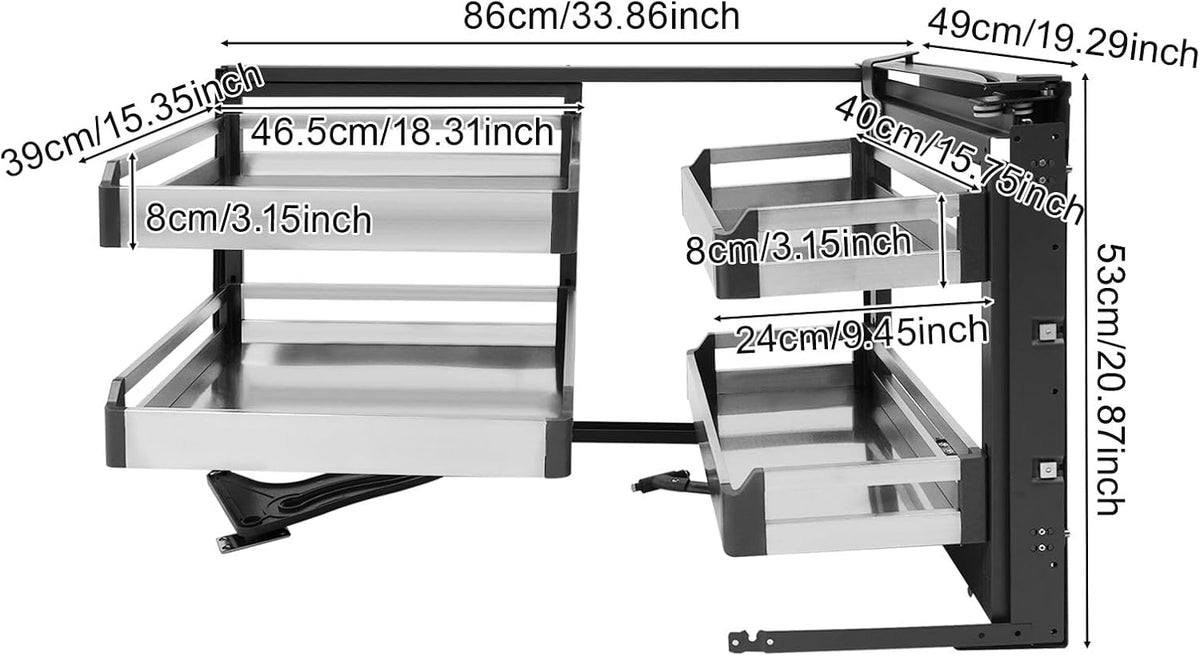 Blind Corner Cabinet Pull Out Organizer 2 Tier with 4 Detachable Shelves Magic Pull Out Deep Corner Cabinet Organizer Narrow Blind Cabinet Pull Out (Stainless Steel, Right Open)