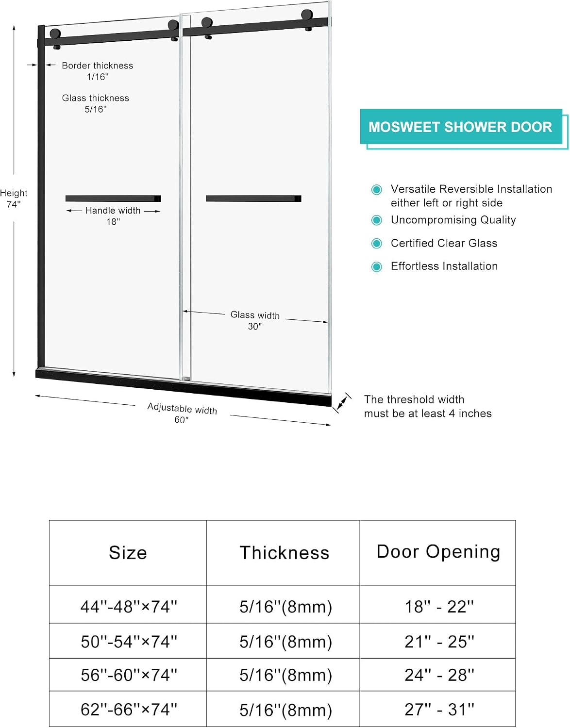 Milano Shower Door, 60' W x 74' H Framed Double Sliding Shower Door 5/16'(8mm) Clear Tempered Glass, 18 inch Pull Handle, Stainless Steel Hardware, Matte Black Finished