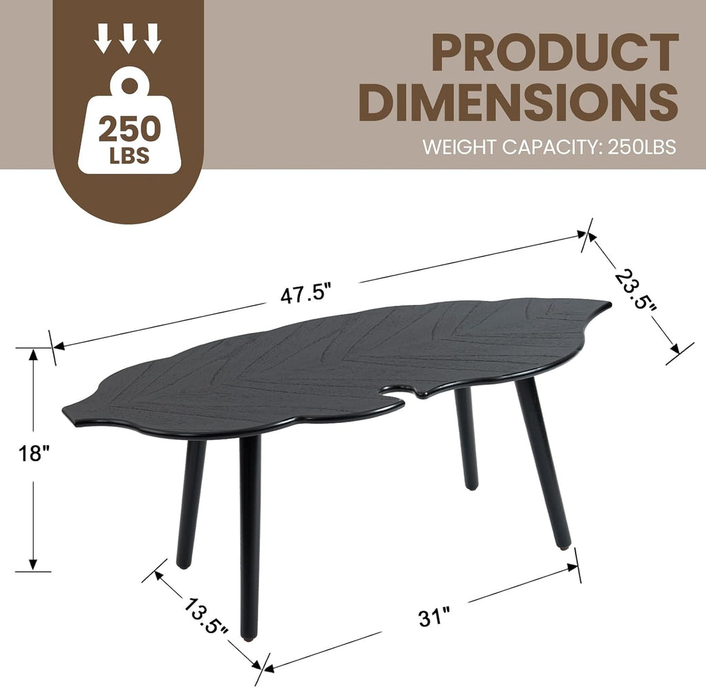 DUOMAY Mid-Century Modern Leaf-Shaped Coffee Table Solid Wood Coffee Table for Living Room Wooden Center Table with Black Finish & Carved Design Contemporary Light Table for Small Space Apartment