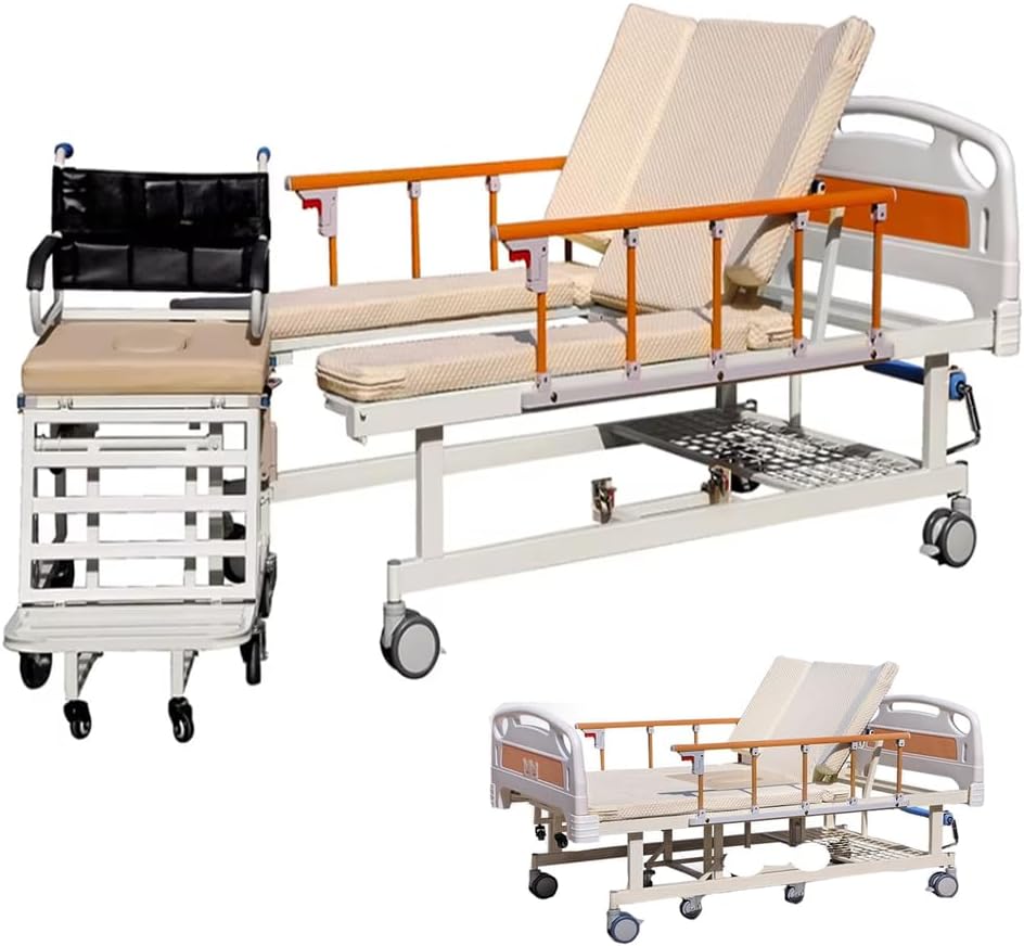 Manual Hospital Beds Adjustable with Wheelchairs Function, 10 in1 Function Hospital Beds for Home, Patient Nursing Aids with Quiet Wheels,(213 * 106 * 53 cm)