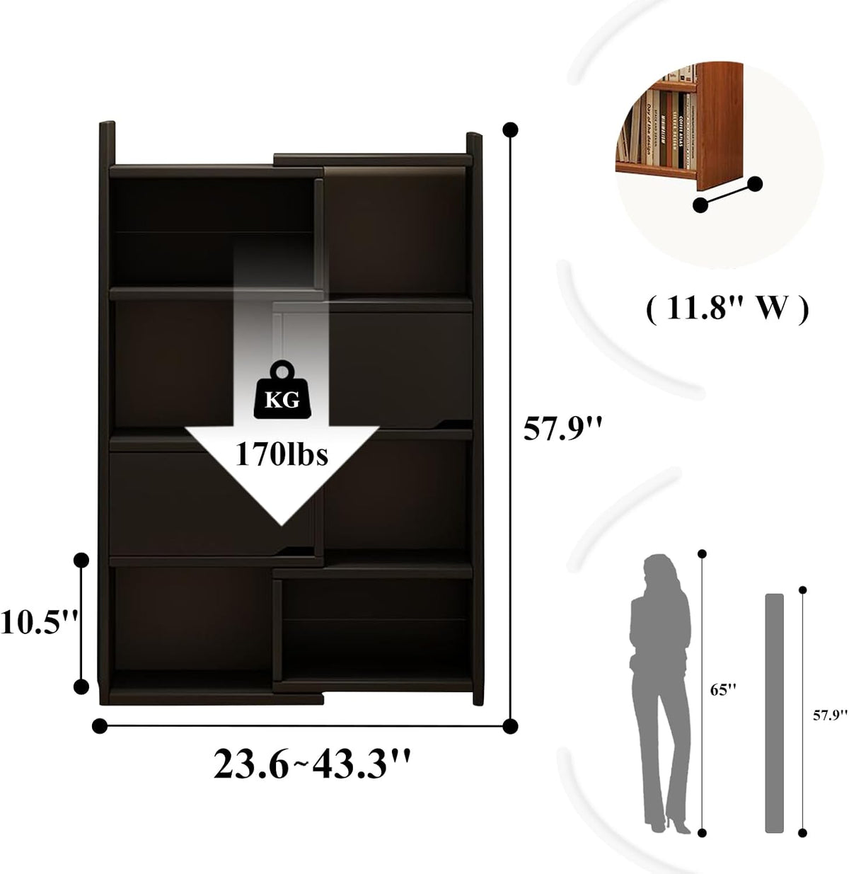 4 Tier Expandable Retractable Bookshelf, Wooden Corner Bookshelf for Living Room, Home Office, Space-Saving, Black Book Shelf