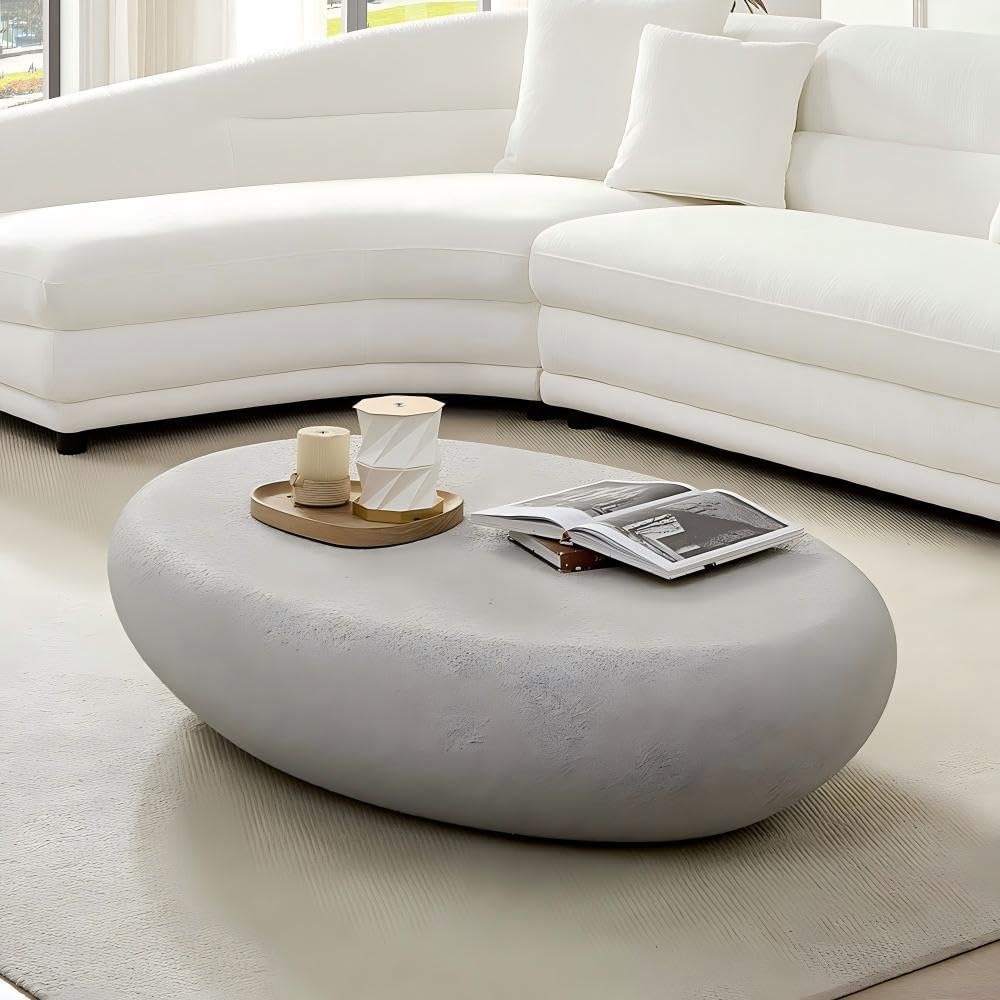 Modern Coffee Tables for Living Room 55.12'' Coffee Table Mid Century Center Large Unique Minimalist Accent Luxury Stone Low Tea Farmhouse Fiberglass No Need Assembly Rock Grey