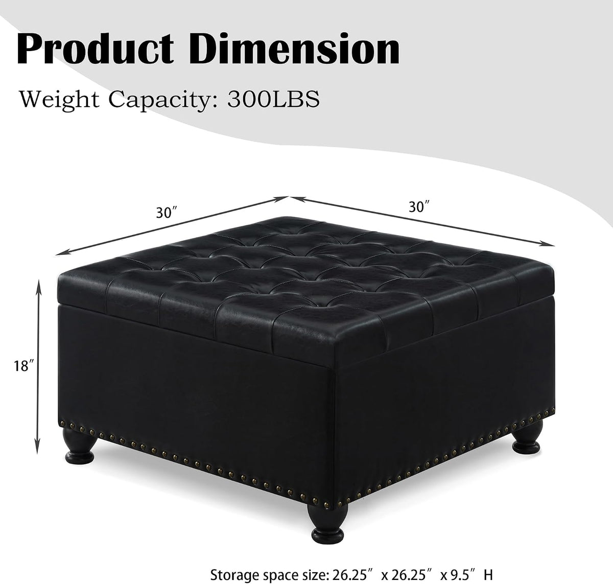 Storage Ottoman Coffee Table, 30 Inch Black Leather Square Ottoman Bench with Storage, Upholstered Tufted Footstool with Nail Trims, Oversized Coffee Table for Living Room, Bedroom