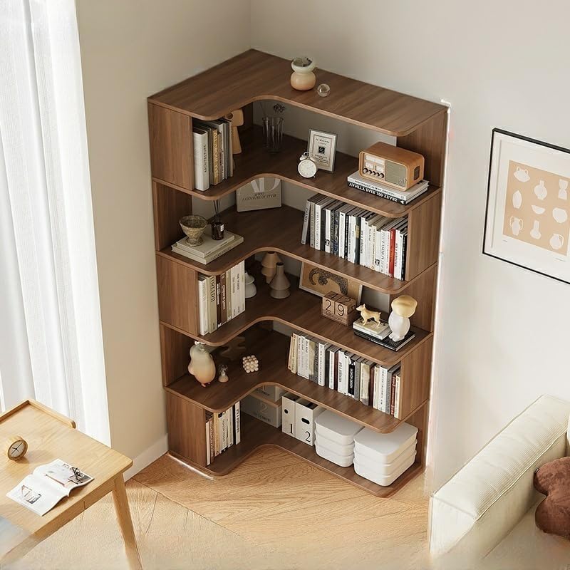 LITFAD Modern Vertical Corner Bookshelf Solid Wood Floor Bookcase with Shelves & Open Back Design Living Room Storage Shelves - Dark Walnut 24' L x 35' W x 63' H