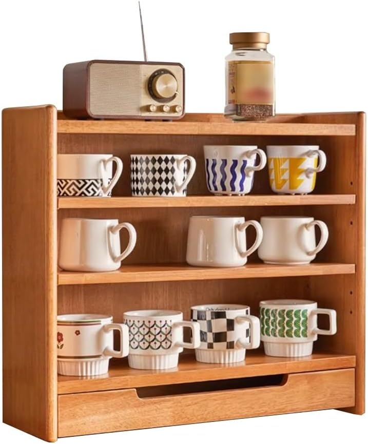 4 Tier Wooden Coffee Tabletop Rack Mug Rack Kitchen Spice Rack Adjustable Corner Shelf For Bathroom Counter Cosmetic Storage Spice Organization And Storage, 55*18*48.5cm, Brown