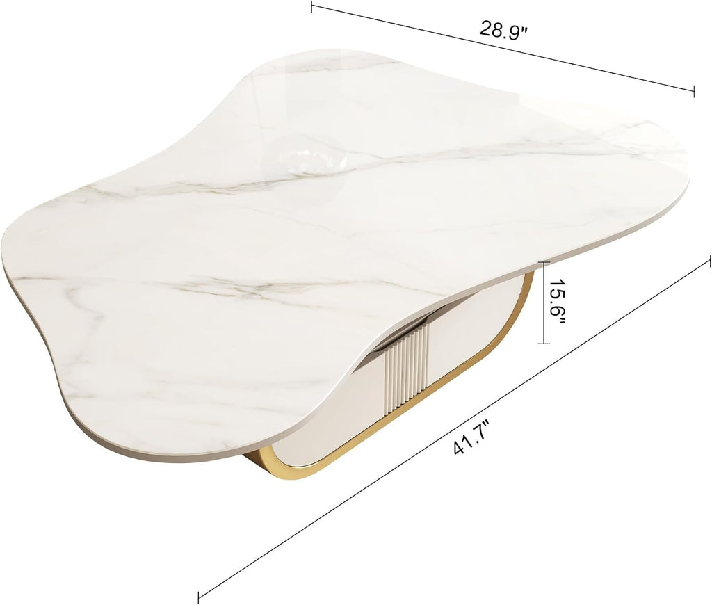 SSLine Modern Cloud Coffee Table Luxury Sintered Stone Top Coffee Table with Sculptural Geometric Stainless Steel Base and Storage Drawer,White Marble Grain Center Table for Living Room,Gold