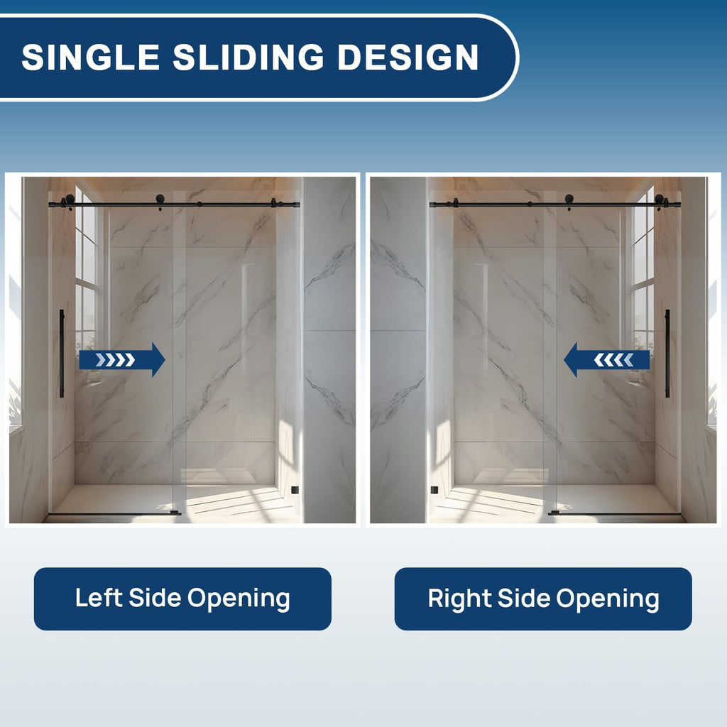 Shower Door 56-60' W x 76' H, Single Sliding Design Frameless Glass Shower Door, 5/16'(8mm) SGCC Tempered Glass Bathroom Sliding Door, Matte Black Finish, 304 Stainless Steel Hardware