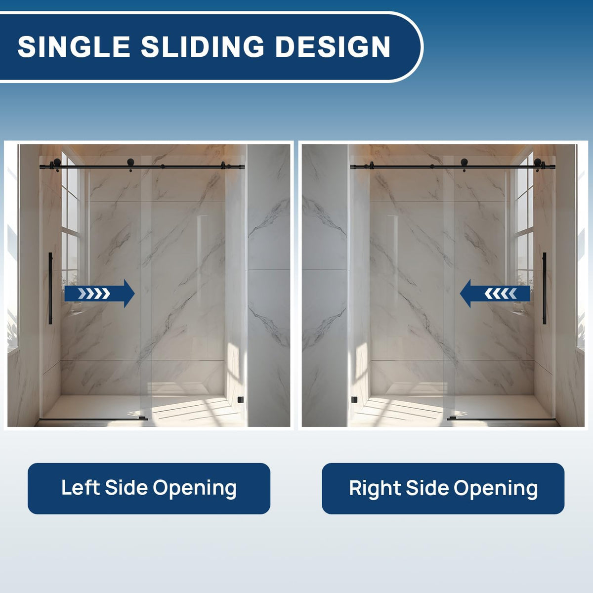 Shower Door 56-60' W x 76' H, Single Sliding Design Frameless Glass Shower Door, 5/16'(8mm) SGCC Tempered Glass Bathroom Sliding Door, Matte Black Finish, 304 Stainless Steel Hardware