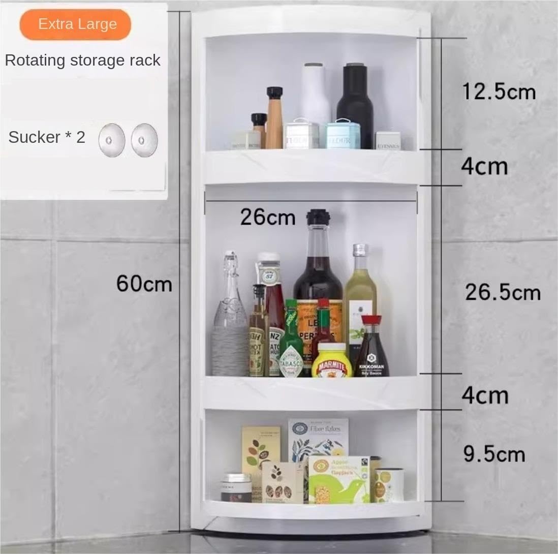 Corner Shelf for Home Rotate Corner Shelf 3 Tier Bathroom Counter Organizer Plastic Countertop Corner Shelves for Bathroom Kitchen Office Corner Shelves Display Shelf, 26*60cm, White