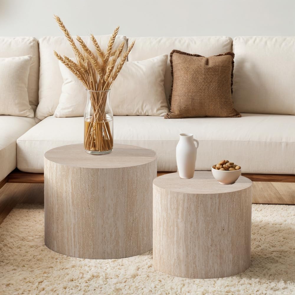 Round Nesting Coffee Table Set of 2 Modern Small Round Coffee Table Travertine Side Table Small End Table Circular Coffee Tables Circle Nested Coffee Tables for Living Room (Travertine)