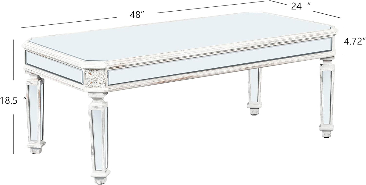 Modern Mirrored Coffee Table for Living Room Luxury Cocktail Center Table with Silver Mirror Finish Rectangular Small Coffee Table with Vintage Natural Carved Frame and Legs