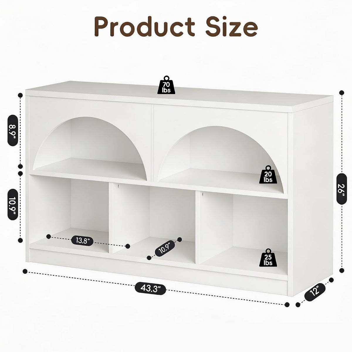 Fatmok 4 Pack Montessori Bookshelf, Modern Arched Wooden Toy Organizer, 5-Section Storage Shelf with Curved Edge, Decorative Furniture for Kids Room Play Area Nursery Kindergarten, White