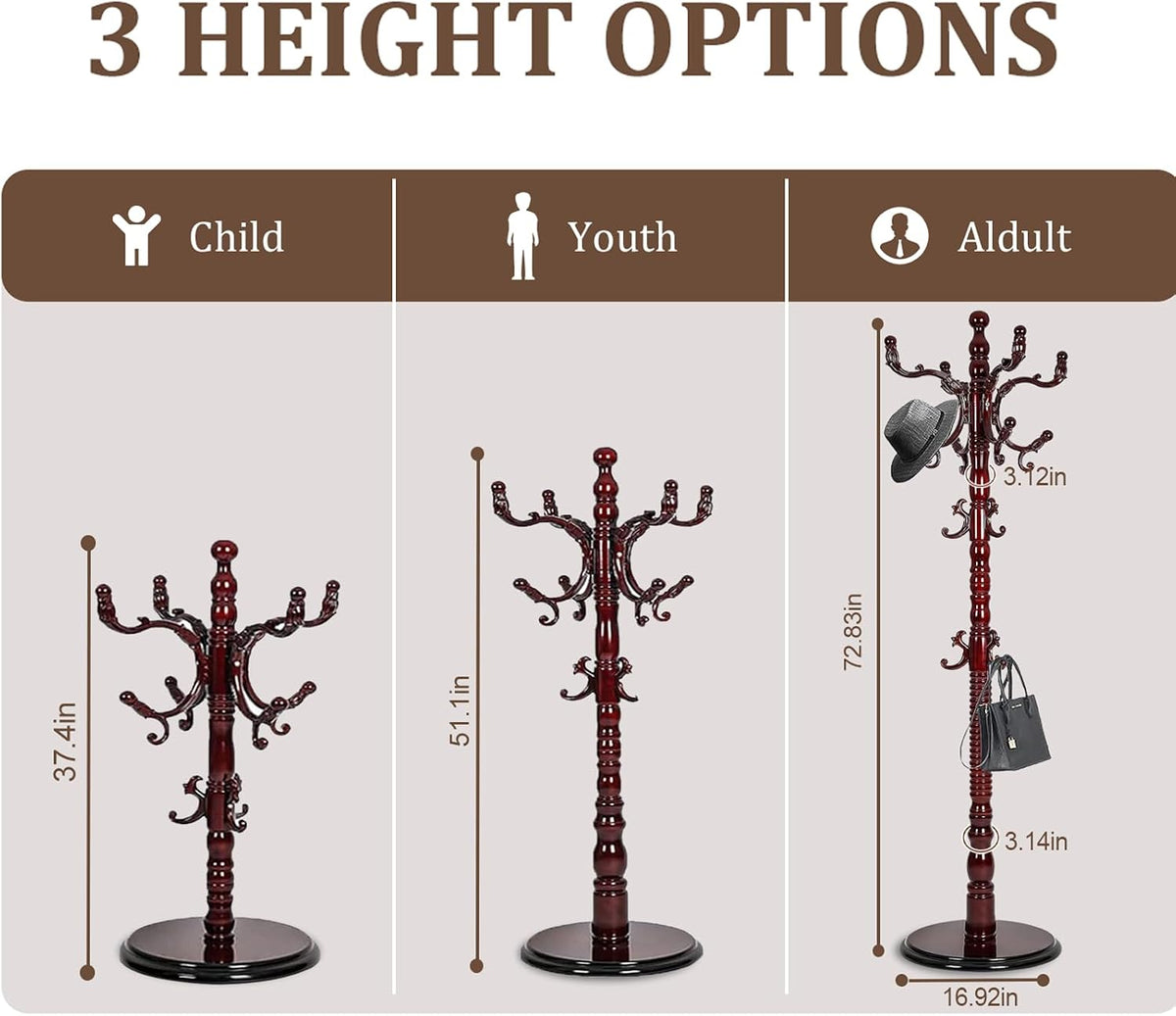 73'Vintage Wooden Coat Rack Freestanding,With 14 Hooks and Sturdy Round Base.Sturdy and Durable Standing Coat Racks，Adjustable Wooden Freestanding Coat Rack for Offices, Bedrooms (Mahogany)