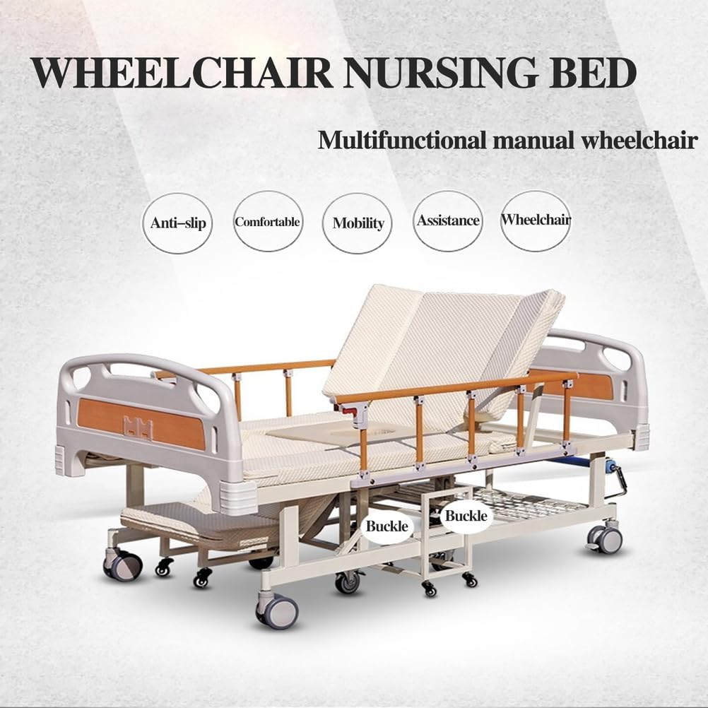 Manual Medical Beds Adjustable with Wheelchairs, 10 Function Hospital Beds for Home, Patient Nursing Aids with Quiet Wheels,(213 * 106 * 53 cm)