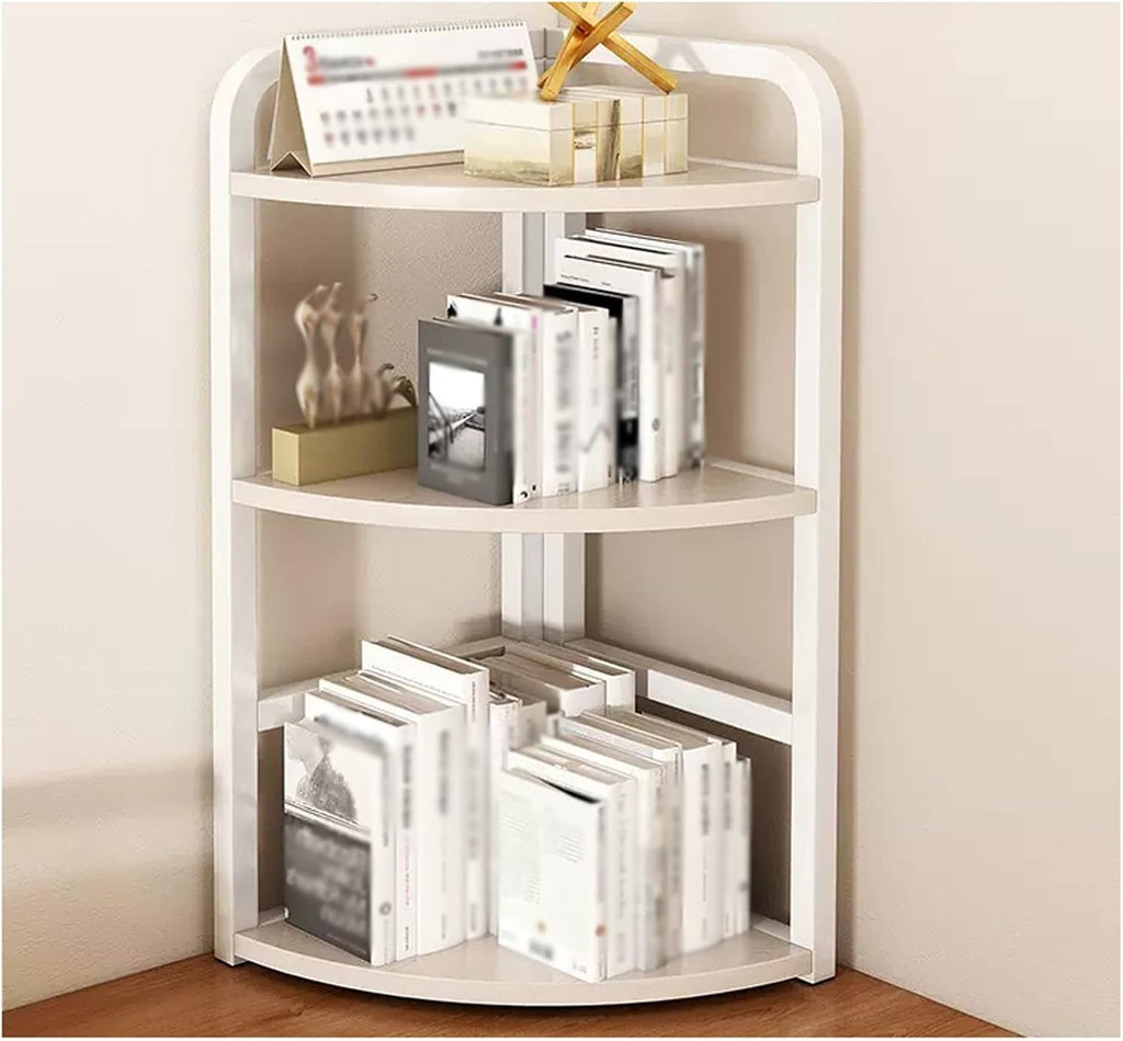 Bookcase 3-Tier Corner Shelf Bookshelf White Countertop Storage Organizer Display Shelves for Kitchen Bathroom Office, Space Saving Standing Shelving Unit