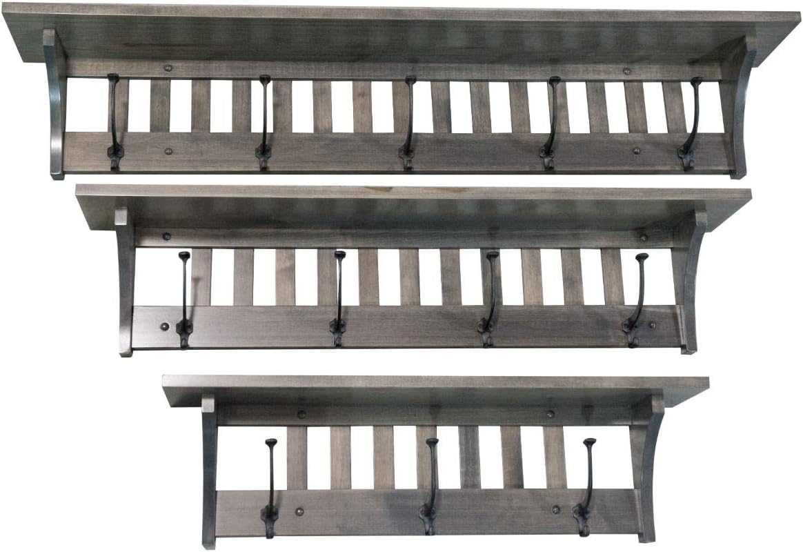 Rustic Red Door Mission Style Coat Rack Wall Mounted with Shelf, Entryway Wooden Hanger with 3 Wrought Iron Hooks for Jacket, Towel or Hat, Farmhouse Decor, 32.5' Brown Maple Wood, Antique Slate Stain