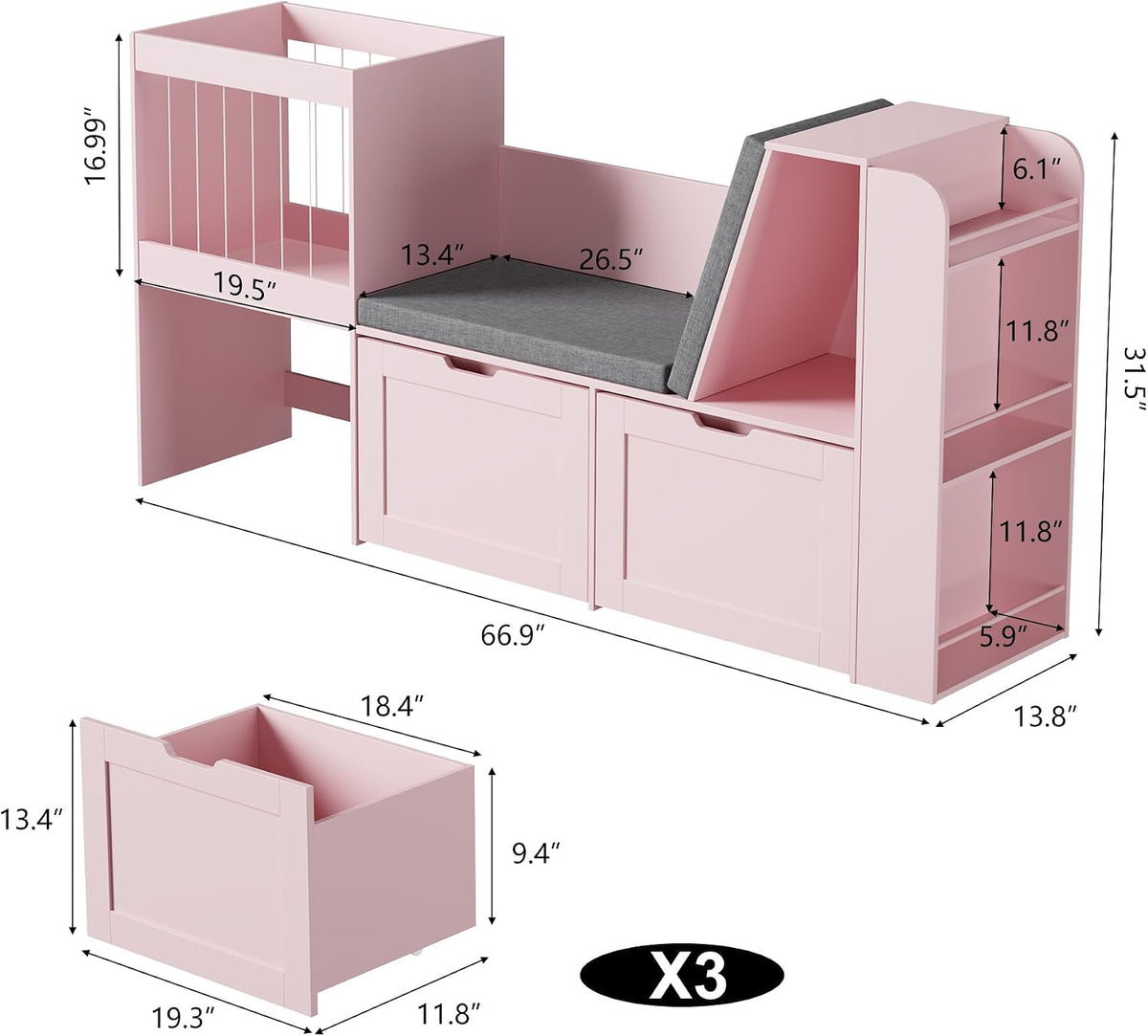 66.9' Kids Reading Nook, Toy Storage Organizer with Stuffed Animal Storage, Bench and Removable Cushions, Wooden Toddler Bookshelf with 3 Movable Drawers for Nursery, Playroom (Pink)